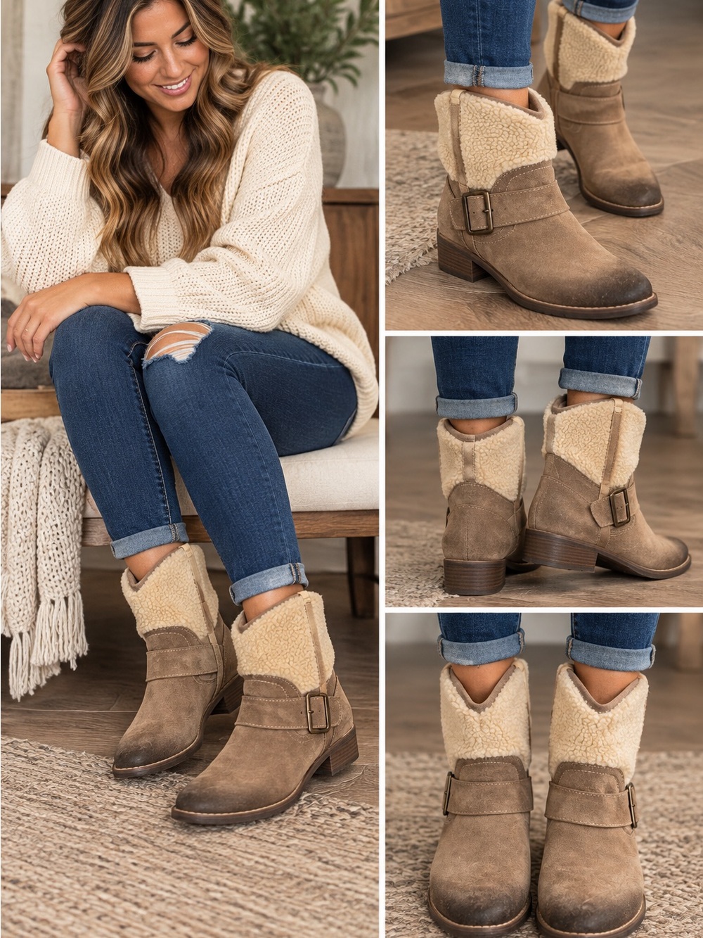 Kelsi Dagger Tempest Tan Leather Suede Faux Fur Buckle Ankle Boots Womens 9M